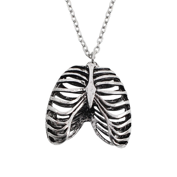 Fashion Personality DIY Punk Retro Silver Necklace Metal 3D Human Hollow Rib Cage Anatomy Pendant Chain Necklace Men's Jewelry