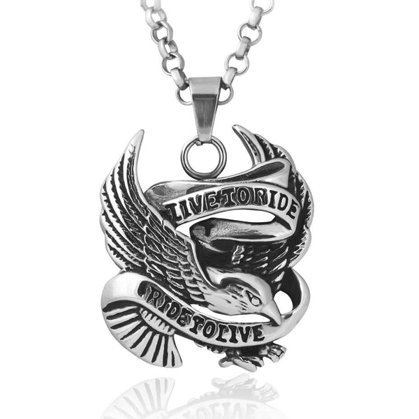 Men's Gold Color Punk Biker Eagle Pendants Necklace"Live to Ride,Ride to Live" Stainless Steel Animal Necklace Jewelry,23"chain