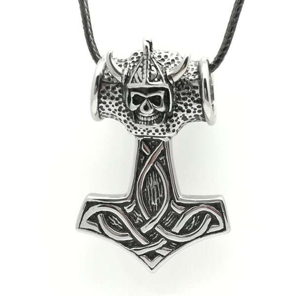 Men's Silver Black Punk Thor hammer Skull Pendant Necklace Stainless Steel Norse Viking Pewter Pendant Necklace Jewelry