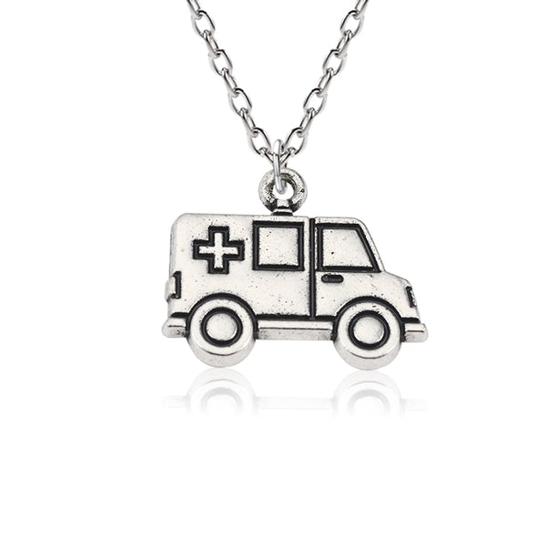 Creative Keepsake Vintage Sliver Plated Ambulance Car Pendant Necklace Alloy Toy Necklaces For Children Red Cross Sign Choker