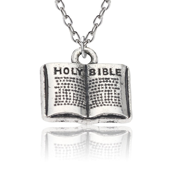 Vintage Silver Book Necklace Open Book Jewelry Reading Teacher Gift Jesus Bible Ornaments For Women And Men Creative Punk Chain